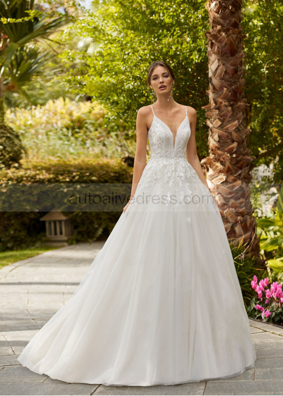 Beaded Ivory Lace Glitter Tulle Sheer Back Princess Wedding Dress